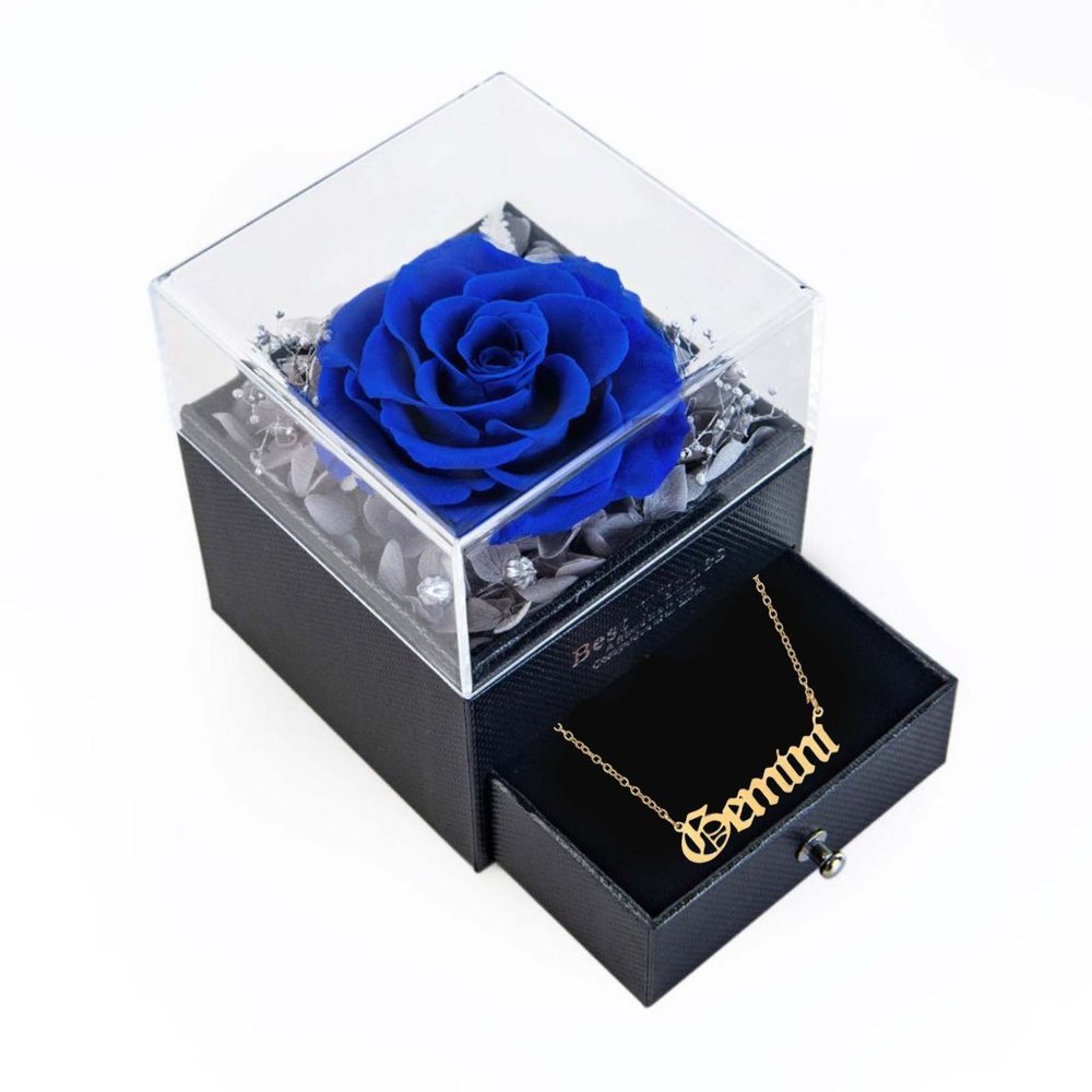 Preserved Rose In a Acrylic Box with 18K Real Gold Plated Gemini Zodiac Necklace
